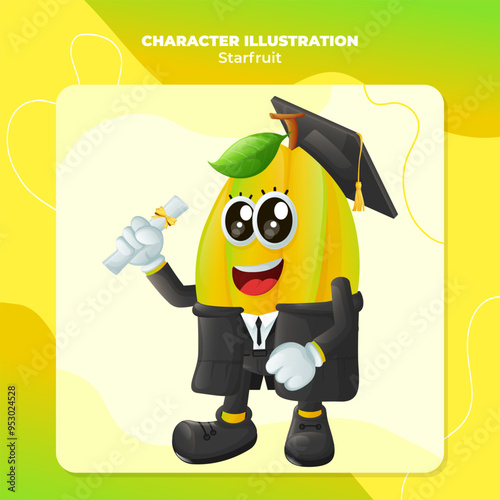 Cute starfruit character wearing a graduation cap and holding a diploma
