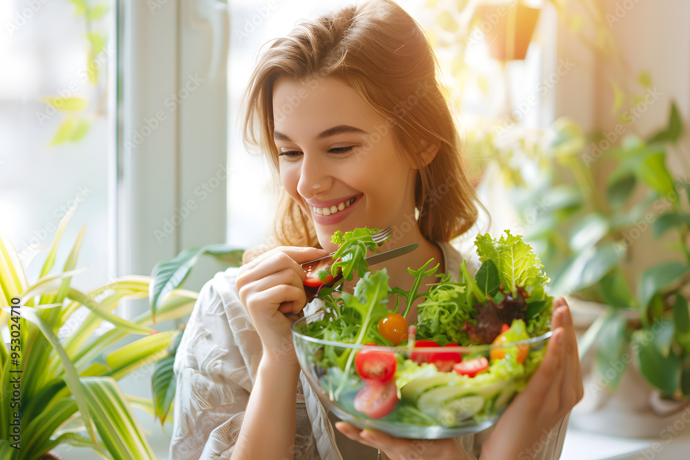 Joyful woman savoring a delicious salad at home during the day, bathed in natural daylight, highlighting a relaxed and healthy lifestyle. Joyful woman savoring a delicious salad at home during the day, bathed in natural daylight, highlighting a relaxed and healthy lifestyle.