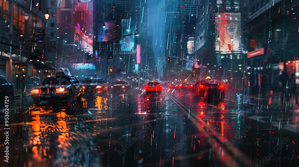 Fototapeta premium City streets in the rain --ar 16:9 --v 6 Job ID: 0b97e686-e227-439d-9eae-6f83ffde9c9c