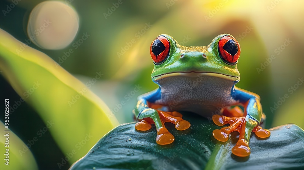 Fototapeta premium A vibrant red-eyed tree frog perched on a green leaf, surrounded by lush foliage and natural sunlight, showcasing tropical beauty
