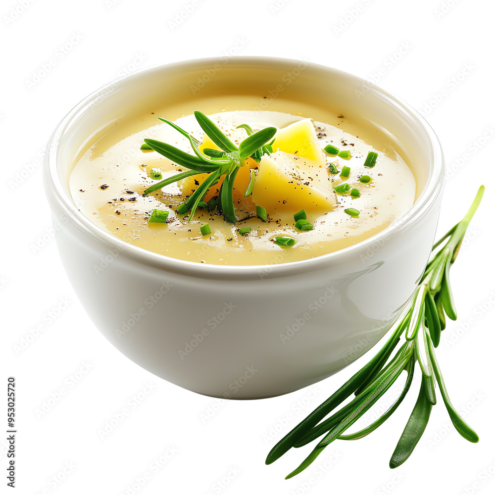 Creamy potato soup garnished with fresh herbs and chives. Perfect for comfort food lovers and a hearty meal option., transparent background Creamy potato soup garnished with fresh herbs and chives. Perfect for comfort food lovers and a hearty meal option., transparent background