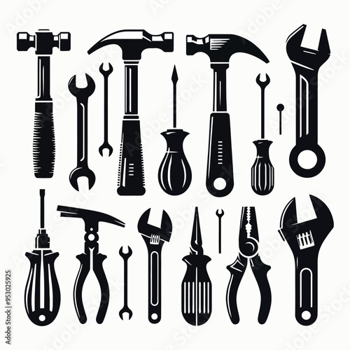 hammer, screwdriver, wrench, and pliers. The silhouettes should highlight their distinct shapes