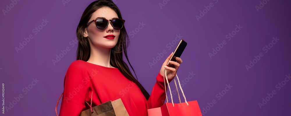 Woman with sunglasses and shopping bags, mobile phone in hand, purple background, copy space banner, full body shot. Woman with sunglasses and shopping bags, mobile phone in hand, purple background, copy space banner, full body shot.