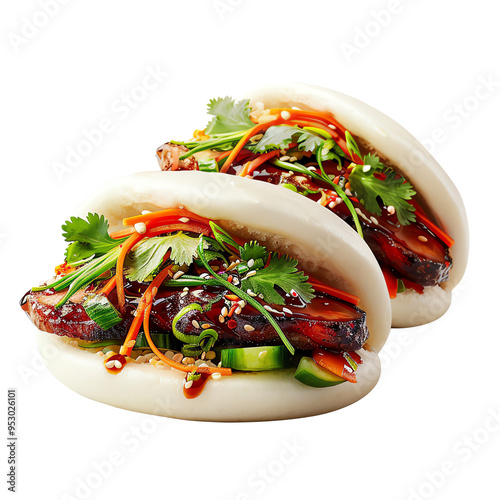 Delicious bao buns filled with fresh vegetables and savory grilled meat, garnished with herbs and sesame seeds, isolated on white background., transparent background
