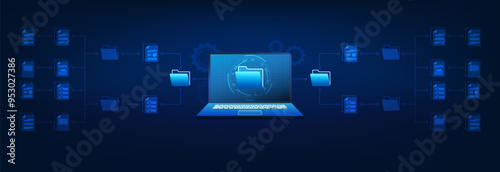 Computer technology background. The screen is a document file connected to a document folder that is used to work and store electronic document files online.