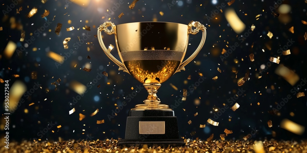 © Creation    Art - Golden trophy competition winner with streamers. Business champion and competition concept background. Generative AI