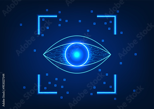 Eye technology scanning data security technology that identifies and assesses personal data. The inner eye is a technology circuit with an eye scan frame.