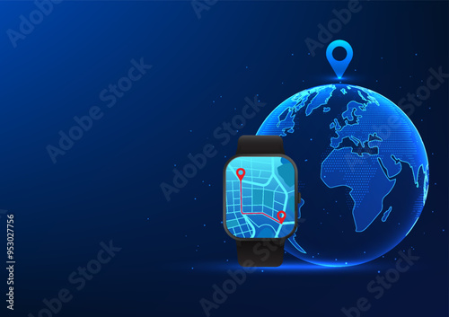 Smart watch technology, wristwatch that shows the location map, the back is a globe, a watch that is a navigator to the desired location and measures the walking distance,illustration,vector,wallpaper