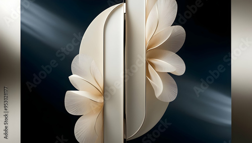 Abstract Paper Flower Design: A delicate and ethereal composition of paper flowers arranged in a geometric pattern, illuminated by a soft, ethereal light. The intricate details and subtle textures cre