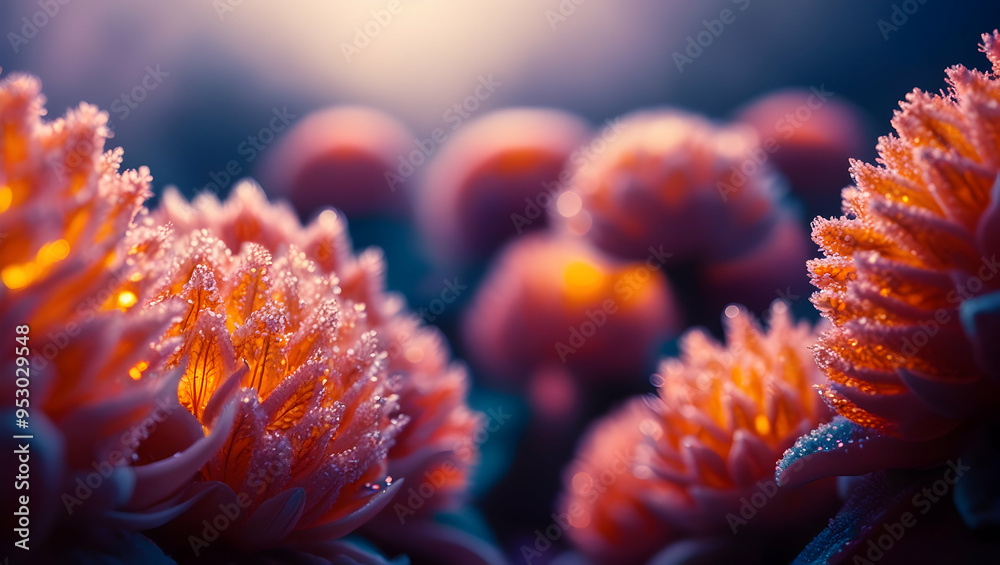 Obraz premium Pink Bloom in the Light: A delicate field of glowing pink flowers basks in the golden light of the setting sun, creating a whimsical and ethereal atmosphere. 