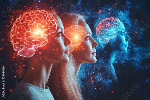 Romantic silhouette of a couple with glowing red and blue brains symbolizing the contrast and connection between passion and intellect in a modern relationship