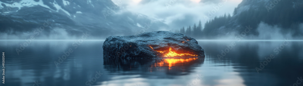Naklejka premium A stunning scene of a fiery rock in a tranquil lake amidst misty mountains, capturing the contrast between fire and water, and the serenity of nature.