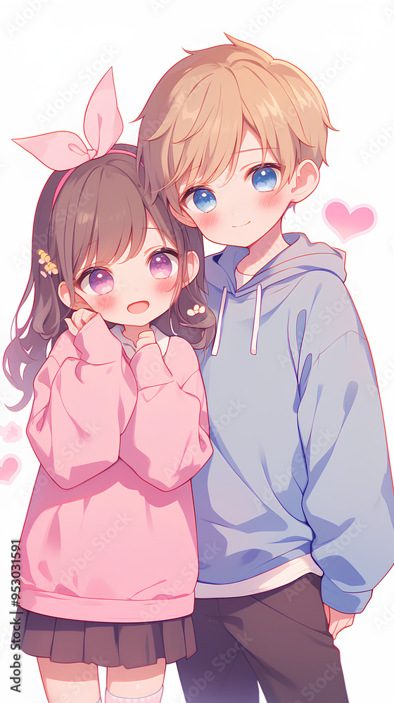 Chibi anime style dating couple. Cute anime. Vertical white background Chibi anime style dating couple. Cute anime. Vertical white background