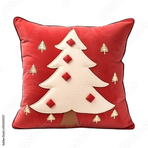 Festive red Christmas pillow with tree design. Perfect for holiday decor, cozy and stylish addition to home. Enhances holiday spirit.