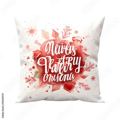 Festive Christmas pillow with decorative calligraphy: Never Happy After Oncemore. Perfect for holiday home decor. photo