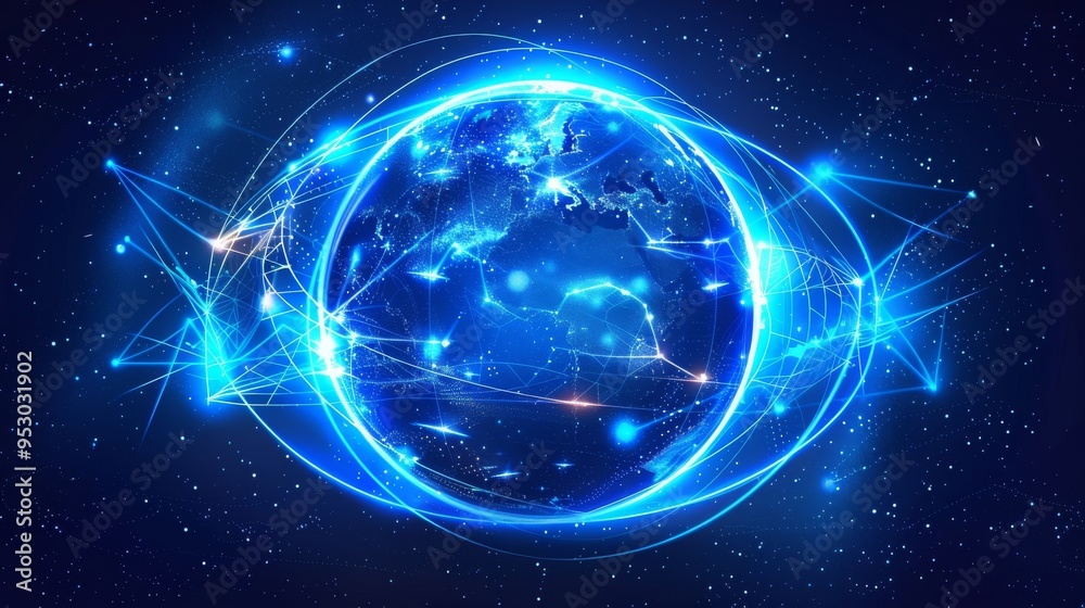 Vector illustration of an abstract blue futuristic globe, representing digital economic or metaverse concepts, the globe features intricate digital lines and networks, with glowing particles orbiting Vector illustration of an abstract blue futuristic globe, representing digital economic or metaverse concepts, the globe features intricate digital lines and networks, with glowing particles orbiting