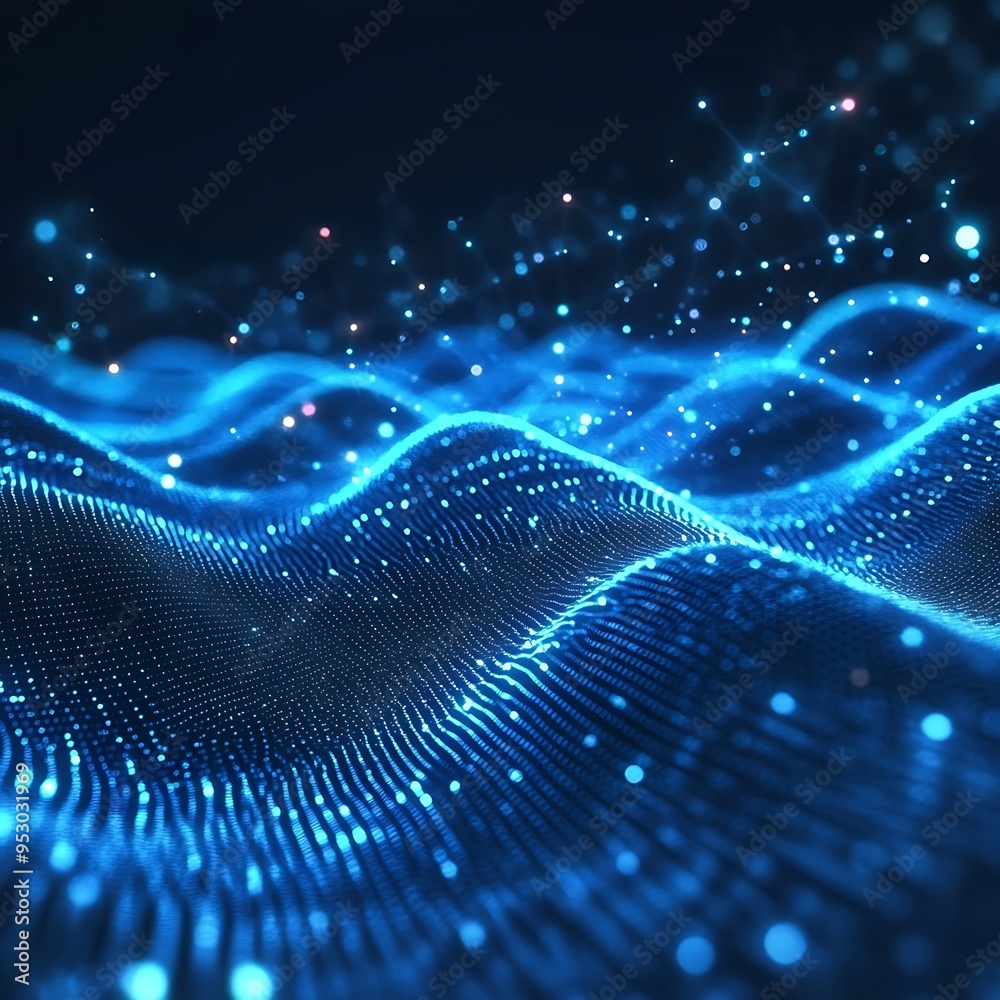 The image is a blue wave with many small dots scattered throughout it