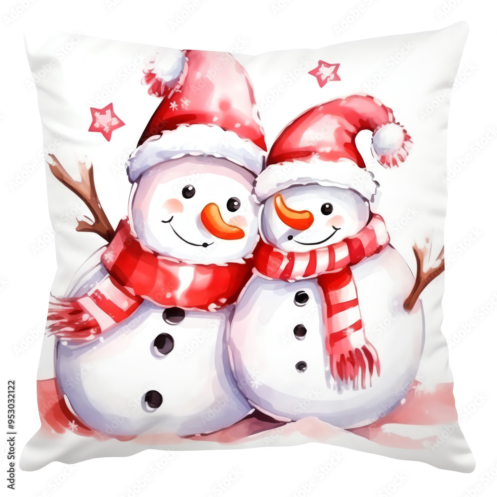 Festive holiday pillow with cheerful snowmen in Santa hats and scarves, perfect for adding holiday spirit to your home decor. Festive holiday pillow with cheerful snowmen in Santa hats and scarves, perfect for adding holiday spirit to your home decor.