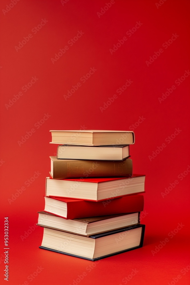 A stack of books on red background A stack of books on red background