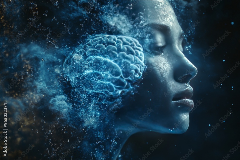 Dreamlike profile of a woman with glowing brain patterns symbolizing the connection between dreams thoughts and the subconscious mind in a mystical setting Dreamlike profile of a woman with glowing brain patterns symbolizing the connection between dreams thoughts and the subconscious mind in a mystical setting