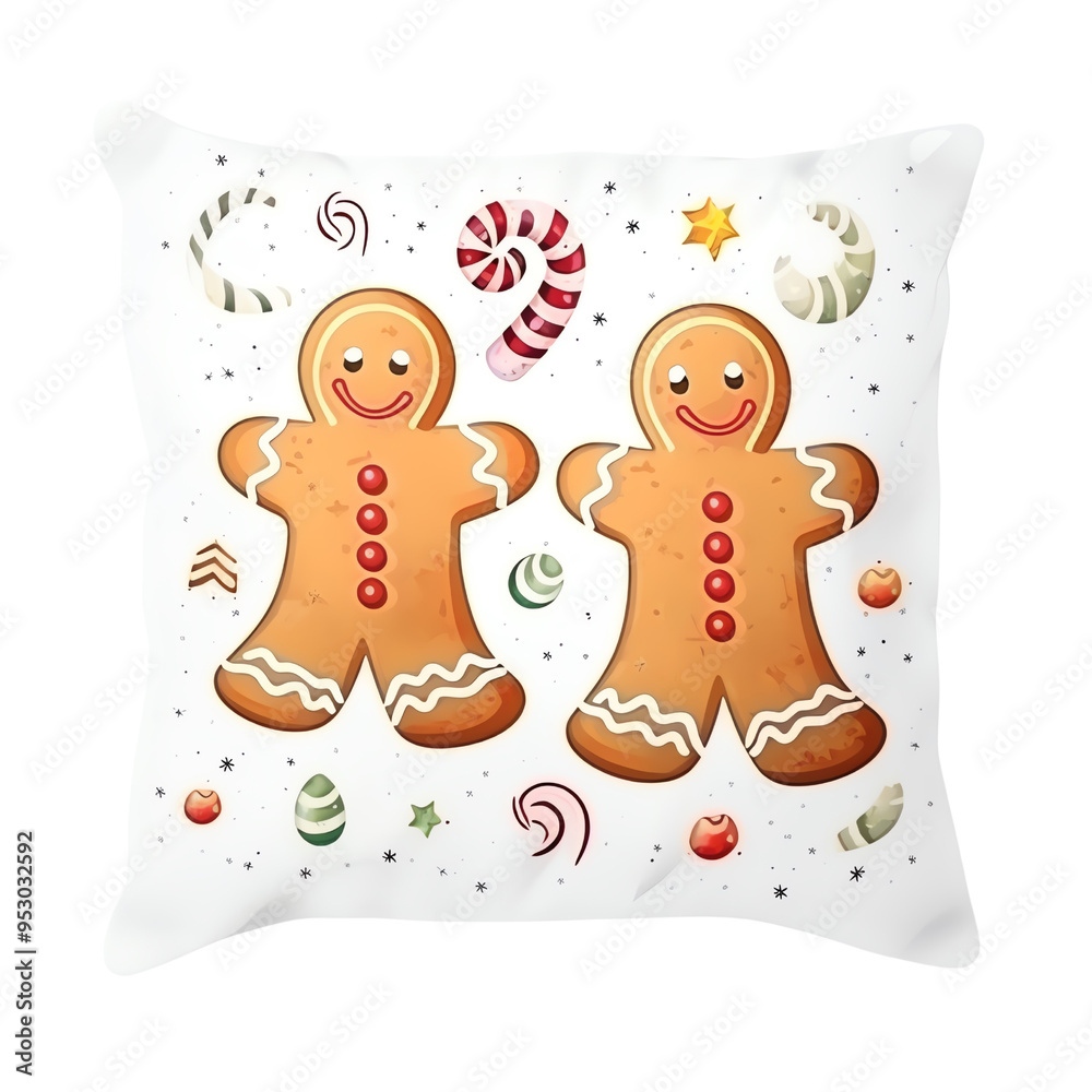 Naklejka premium Festive Christmas pillow with gingerbread man design and holiday decorations. Perfect for holiday home decor.