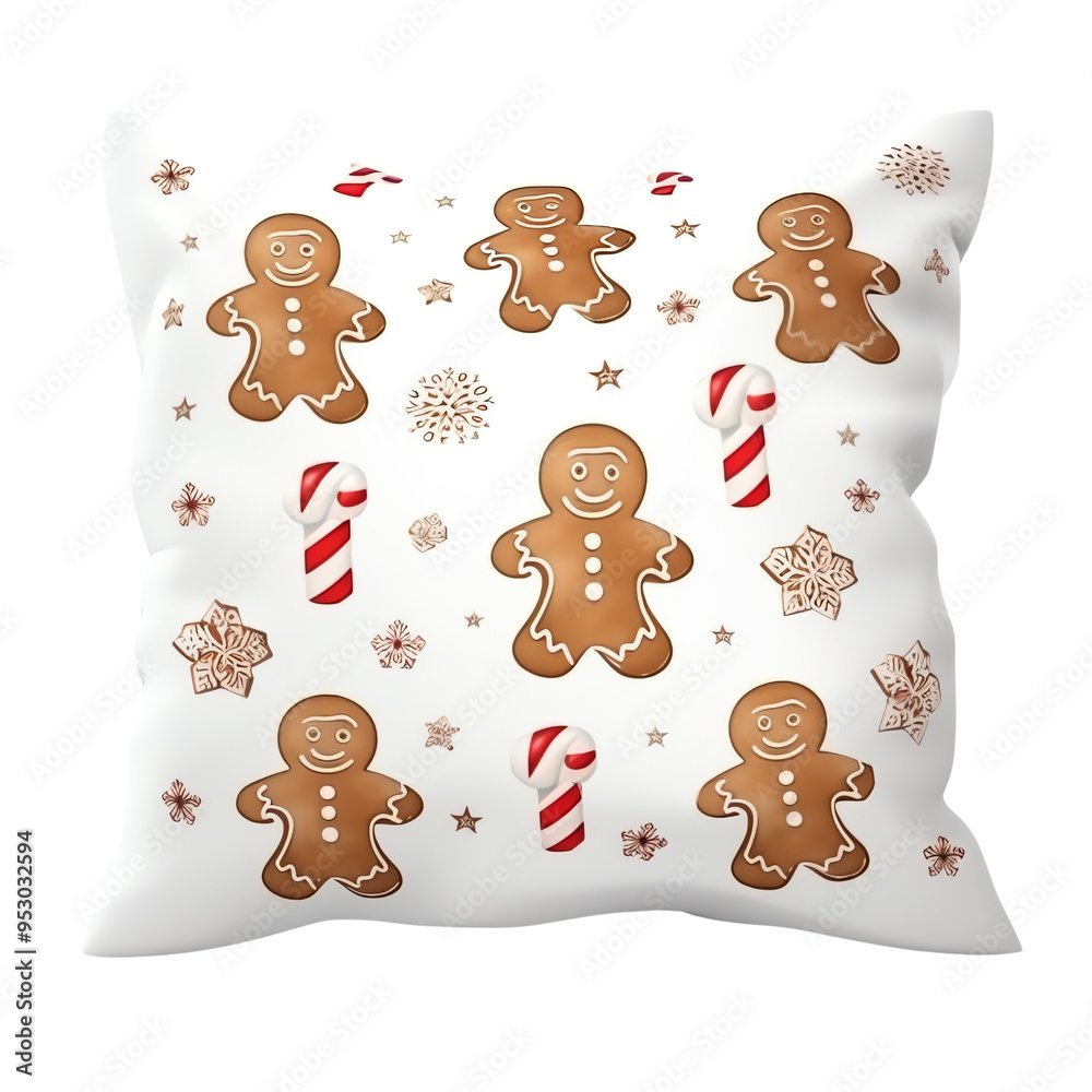 Naklejka premium Festive pillow with gingerbread man, candy cane, snowflake pattern. Perfect for holiday, Christmas, and winter decor.