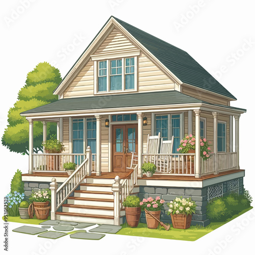 Illustrate a cozy farmhouse with a wide porch.