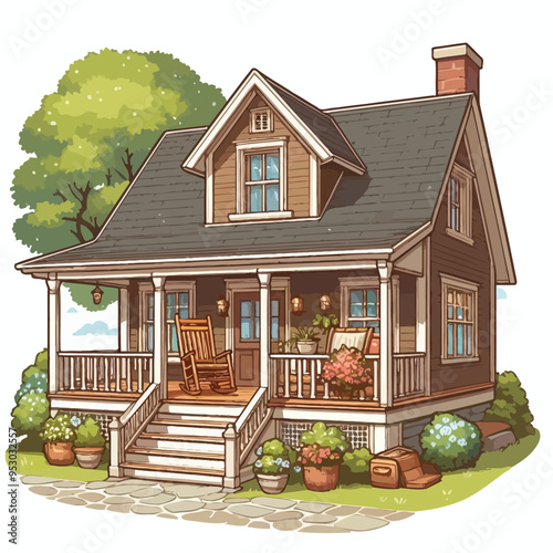 Illustrate a cozy farmhouse with a wide porch.