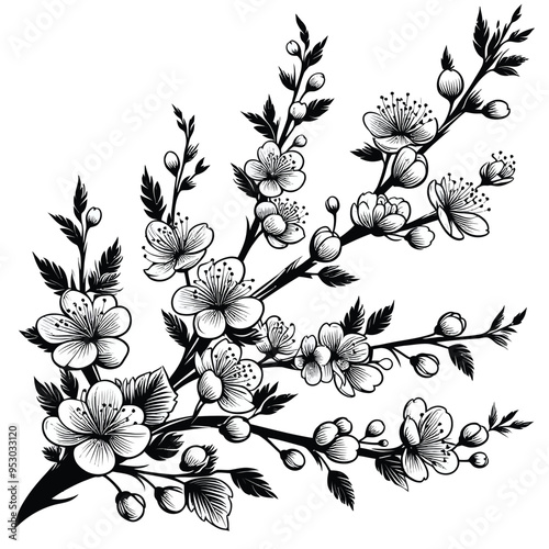 Illustrate a branch filled with cherry blossoms