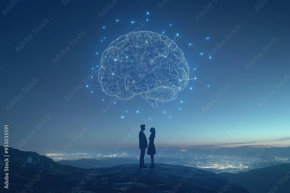 Conceptual silhouette of a couple with glowing neural networks symbolizing the connection of intellect and emotion in a futuristic celestial setting Conceptual silhouette of a couple with glowing neural networks symbolizing the connection of intellect and emotion in a futuristic celestial setting