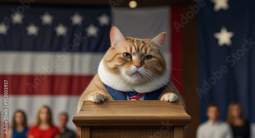 A cute, fat cat giving a speech at a pulpit on election day