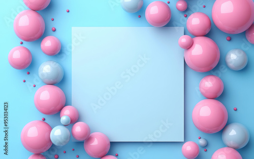 Abstract pastel bubble background with pink and blue spheres surrounding a blank square space, suitable for banners, posters, and invitations.