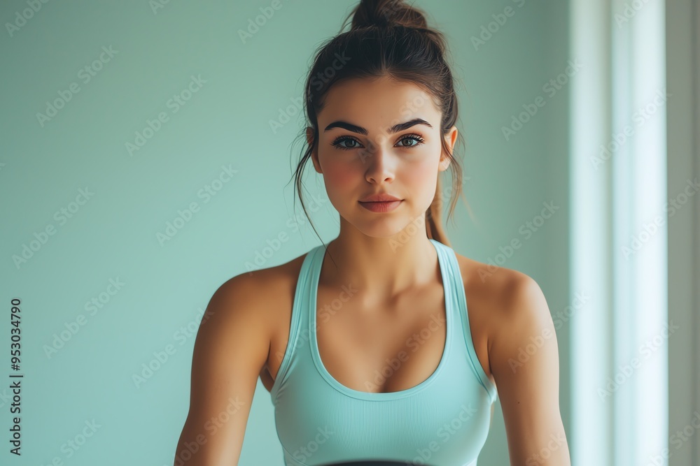 Woman riding a stationary bike, home workout setting, focused on fitness goals Woman riding a stationary bike, home workout setting, focused on fitness goals