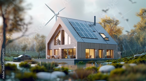 Team of engineers and designers has come together to design an energy saving home or green energy home that uses natural energy such as wind turbines and solar cells to generate electricity for home. photo