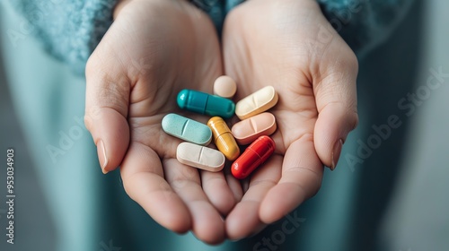 Close-up of a person s hand holding a variety of immune-boosting supplements, warm light photo