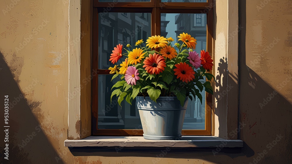 Painting of flower pot at street window plant vase. Painting of flower pot at street window plant vase.