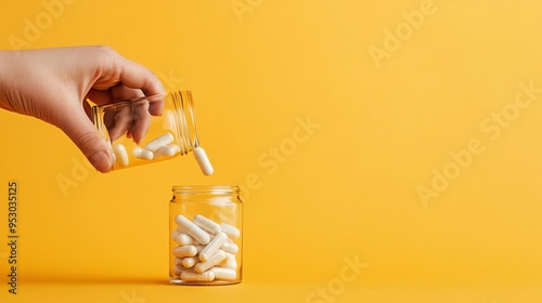 Detailed view of a hand pouring immune-boosting supplements into a glass, clean and fresh photo