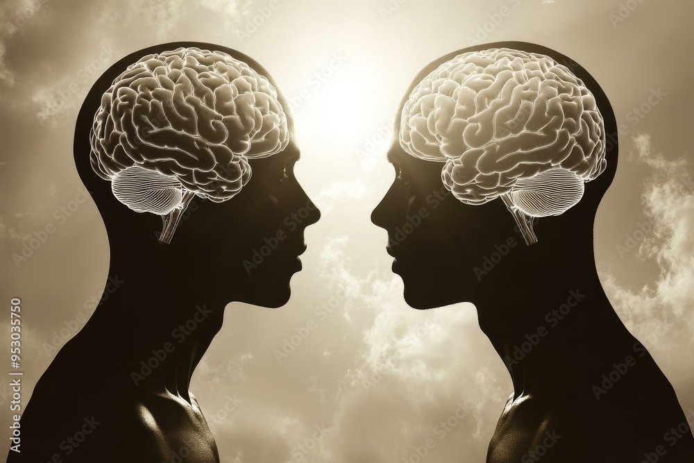 Silhouettes of two individuals with brain overlays against a sunset backdrop highlighting the themes of connection understanding and the merging of thoughts in a natural setting Silhouettes of two individuals with brain overlays against a sunset backdrop highlighting the themes of connection understanding and the merging of thoughts in a natural setting