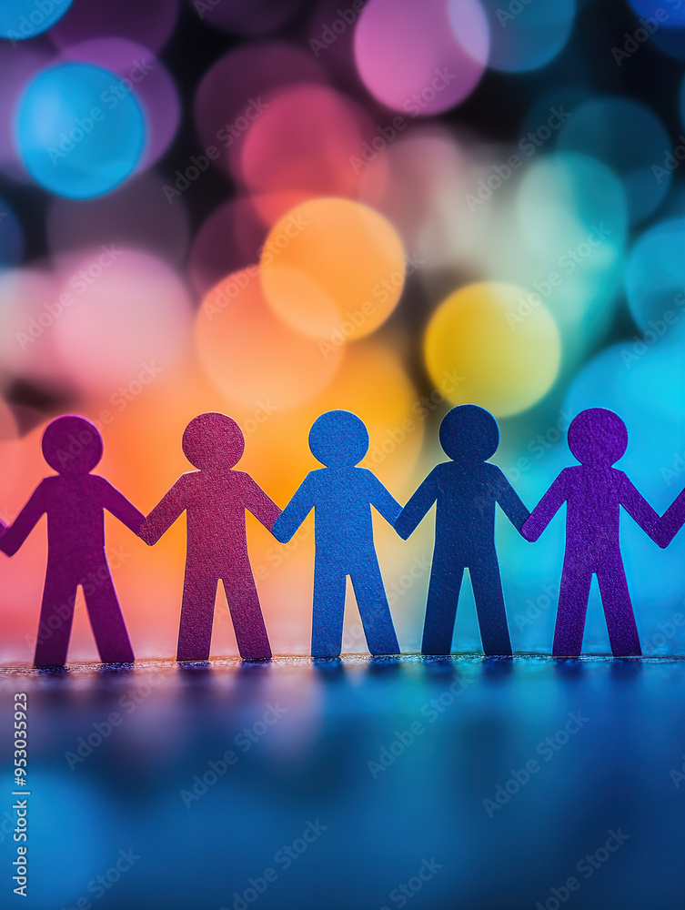 Paper people of different colors holding hands on a blurred background with bokeh lights Paper people of different colors holding hands on a blurred background with bokeh lights