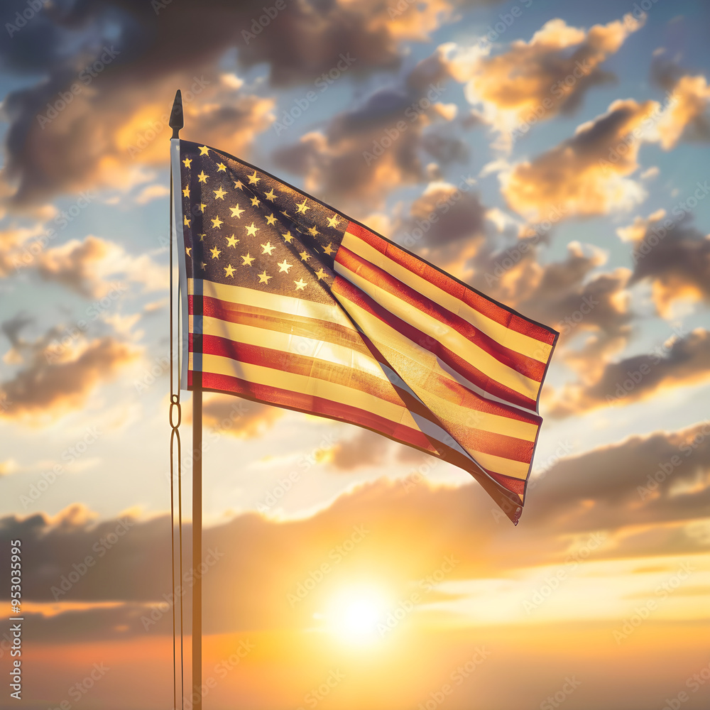 Obraz premium American flag waving proudly in the wind, illuminated by the golden light of the setting sun, creating a powerful symbol of freedom and patriotism