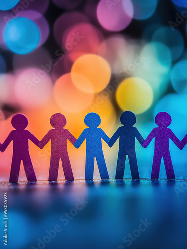 Paper people of different colors holding hands on a blurred background with bokeh lights