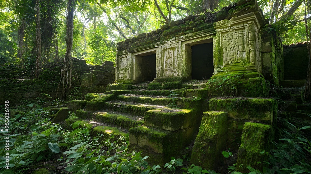 Ancient jungle ruin hidden among thick vines and moss-covered stones intricate carvings on weathered walls surrounded by dense green foliage Ancient jungle ruin hidden among thick vines and moss-covered stones intricate carvings on weathered walls surrounded by dense green foliage