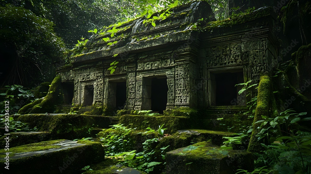 Mysterious ruin deep in the jungle with moss-covered stones and vines creeping over ancient carvings surrounded by lush green vegetation