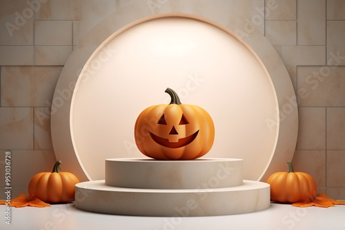 3D Halloween Pumpkin Podium Stand on Orange Background