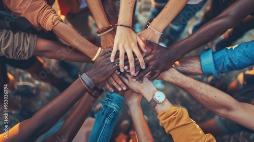 Close up of diverse people hands putting hands together and reaching hands at center. Group of multicultural making stack of hands. Collaboration, teamwork, cooperation, teamwork, supporting. AIG53.