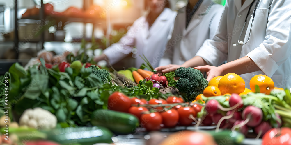 Team of nutritionists showcasing heart-healthy foods, with fresh fruits and vegetables promoting cholesterol control. Team of nutritionists showcasing heart-healthy foods, with fresh fruits and vegetables promoting cholesterol control.
