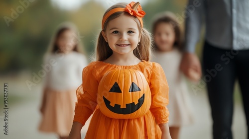 Little girl dressed as a pumpkin, trick-or-treating with her family photo