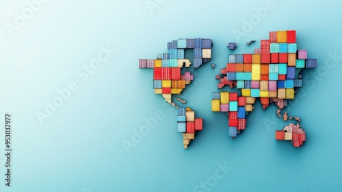 Colorful shipping containers form world map, symbolizing global trade and commerce. This vibrant representation highlights dynamics of import and export activities.