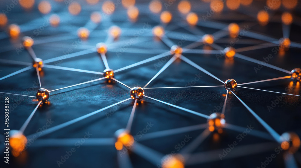 Abstract network with glowing electric nodes connected by lines on a dark surface, illustrating connectivity, technology, and communication concepts. Abstract network with glowing electric nodes connected by lines on a dark surface, illustrating connectivity, technology, and communication concepts.