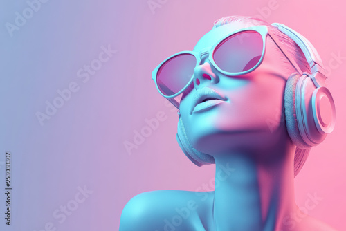 Vibrant futuristic portrait of a woman wearing sunglasses and headphones, bathed in neon blue and pink lighting, highlighting modern fashion and tech vibe. photo